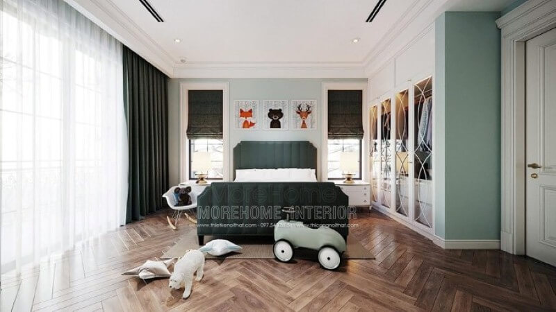 Giường ngủ cho bé trai đẹp với thiết kế bọc nệm độc đáo cùng sắc xanh ấn tượng tạo điểm nhấn nổi bật cho toàn bộ không gian. Mẫu nội thất biệt thự đẹp
