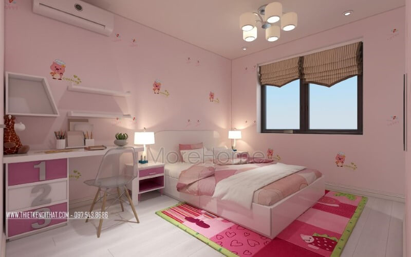 Bố trí phòng ngủ con gái đẹp, đáng yêu từ sắc hồng điểm nhấn. Mẫu nội thất biệt thự đẹp
