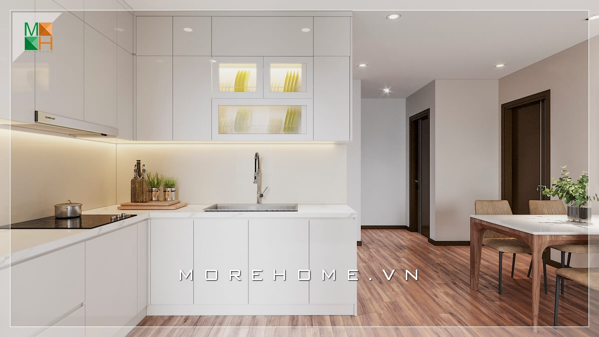 Morehome gợi ý cho bạn mẫu thiết kế nội thất phòng bếp hiện đại liền phòng ăn đẹp, đơn giản phù hợp cho không gian chung cư có diện tích hạn chế.