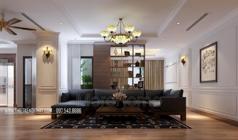 Bộ sofa óc chó bọc da cao cấp được gia chủ lựa chọn trong mẫu thiết kế này, vừa mang lại thuận tiện cho gia đình đông thành viên trong những dịp tụ tập cuối tuần, vừa thể hiện đẳng cấp chịu chơi của gia chủ
