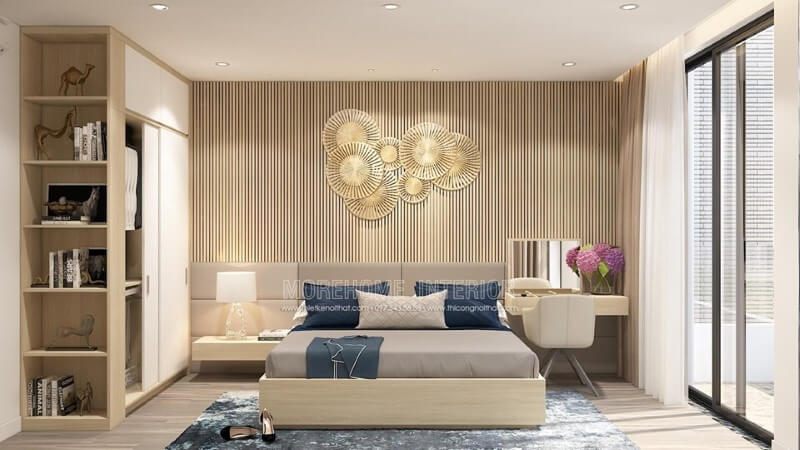 Mẫu Giường ngủ có tap gỗ công nghiệp hiện đại cho không gian phòng ngủ nhà phốbiệt thự