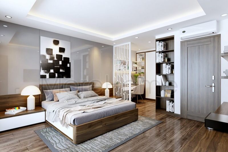 Kệ sách gỗ công nghiệp phòng ngủ được thiết kế âm tường hiện đại, đơn giản