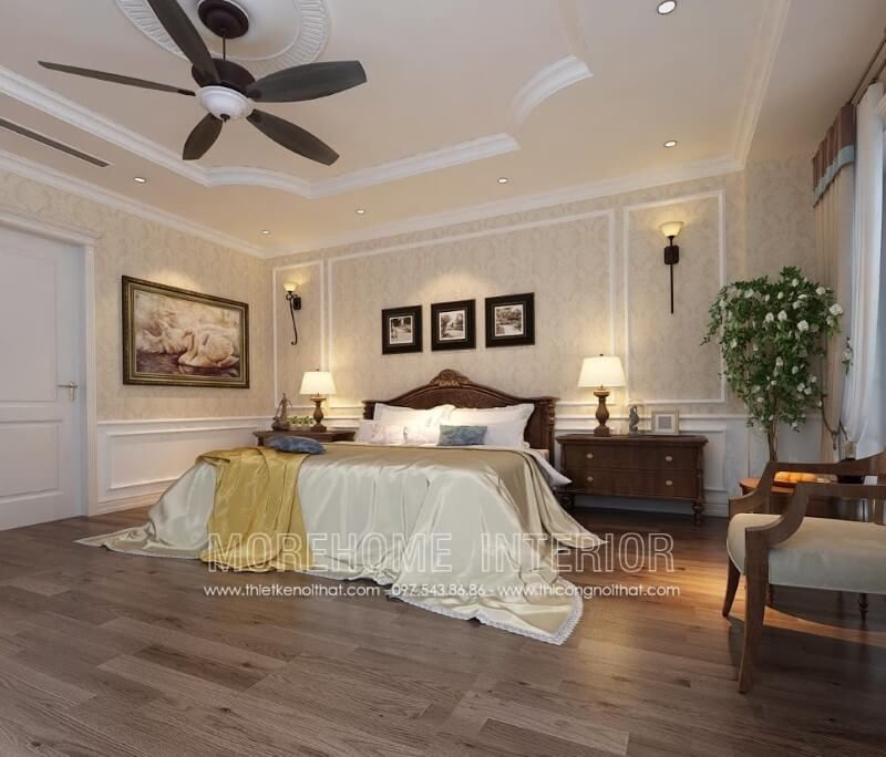 Bộ mẫu giường ngủ gỗ đi kèm táp đầu giường gỗ óc chó tân cổ điển này chính là bộ mẫu thiết kế phòng ngủ hoàn hảo cho không gian phòng ngủ biệt thự của bạn. Liên hệ Morehome để đăng ký thiết kế hoặc đặt sản xuất đồ nội thất rời.