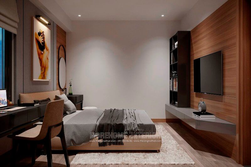Kệ ti vi hiện đại được bố trí liền kề với tủ sách trong phòng ngủ tạo nên sự thuận tiện nhất cho gia chủ