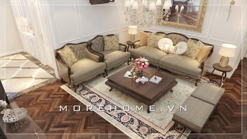 Bộ sofa phòng khách với kiểu dáng thiết kế tân cổ điển mang lại sự sang trọng và tinh tế cho không gian phòng khách của gia đình.