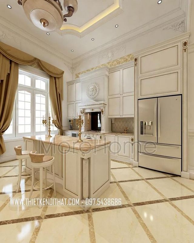 Mẫu quầy bar bếp gỗ kết hợp mặt quầy ốp đá cao cấp mang đến không gian sang trọng và sự tiện nghi cho người nội trợ