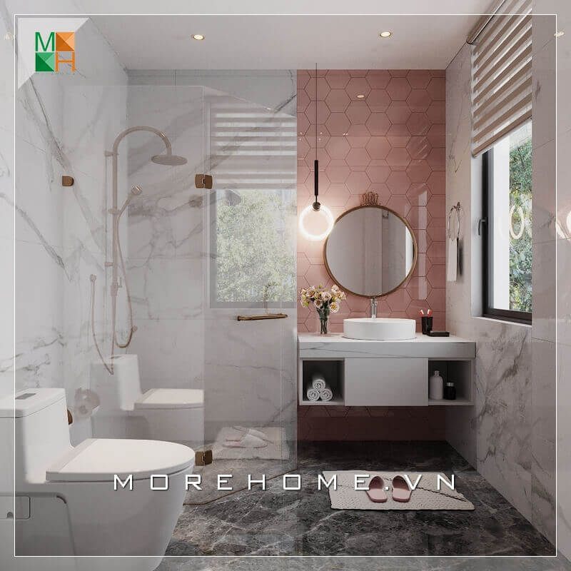 Mẫu phòng tắm hiện đại có lavabo ốp đá nhân tạo cao cấp với vân mây đặc biệt.