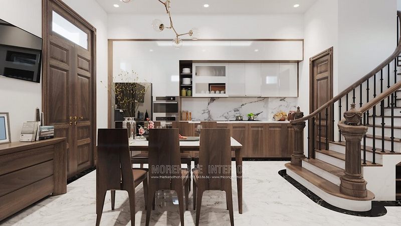Khung gỗ óc chó cứng cáp, mặt bàn đá tự nhiên màu trắng sẽ làm nổi bật không gian ăn uống và giúp duy trì sự sạch sẽ.