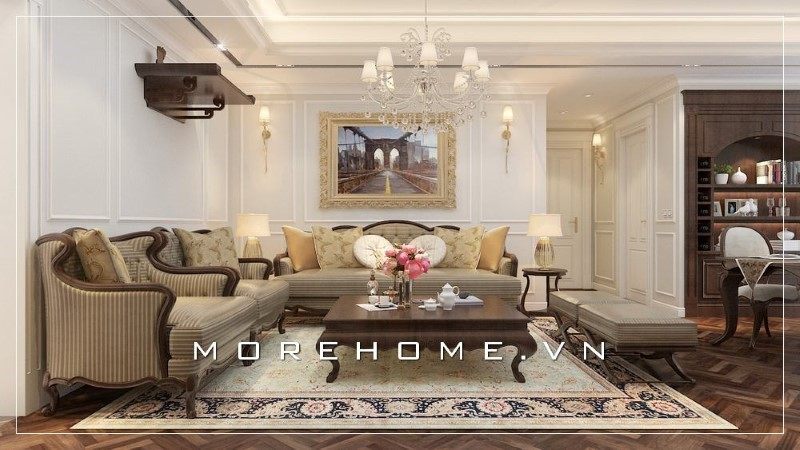 Ghế sofa gỗ óc chó bọc nệm cung cấp cảm giác thư giãn và ấn tượng ngay lập tức khi bạn bước vào phòng.