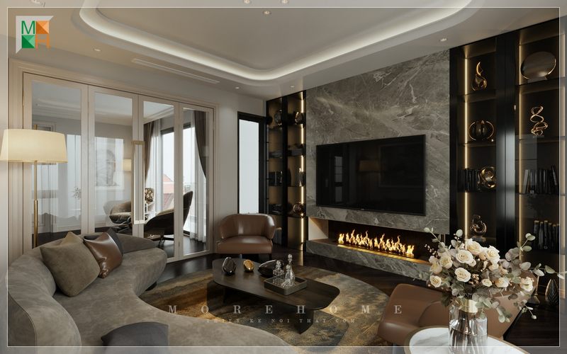 Ghế sofa bọc nỉ màu xám cung cấp sự thoải mái và tiện nghi, góp phần tạo nên một không gian thẩm mỹ cao.